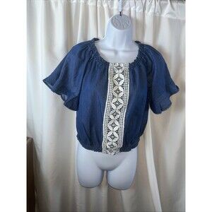 Justice Girls Blue Peasant Crop Top Size 12 Boho Cottagecore Fairycore Festival